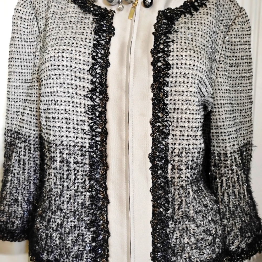St John Couture Boucle Eyelash Black Silver Silk Metallic Knit Skirt Suit 12 14 - Picture 6 of 13